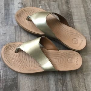 gold crocs platform thong sandals